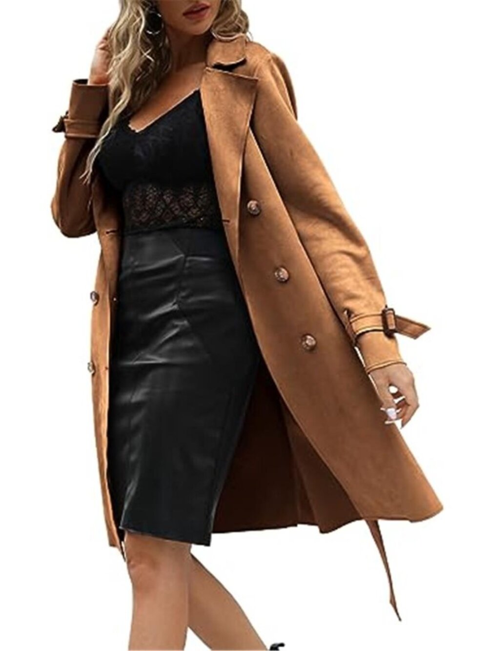 Women's Faux Suede Double Breasted Lightweight Trench Coat